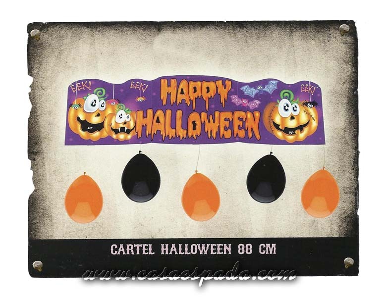 Cartel decoración happy halloween con globos.